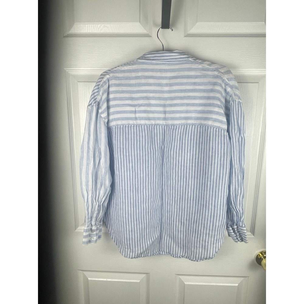 Nicole Miller Linen Blue White Stripe Button Shirt. coastal grandma preppy Beach - Picture 3 of 4